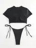Dames badmode sexy zwart een stuk zwempak uitgehold uit metalen ring gekoppelde stropdas zijkant string bikini 2024 vrouwen korte mouw met een korte mouw