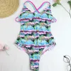 Swim Wear 2023 Sexig One Piece Swimsuit Swimwear Women Ruffled Double Cross Straps V-Neck Flower Coconut Tree Print Bathing Sight Beachwear 240423