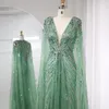 Sharon Said Luxury Dubai Sage Green Evening Dresses with Cape Fuchsia Crystal Gold Elegant Women Wedding Formal Party Gown SS399 240420