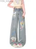 Jeans femininos Jeans femininos americanos 2023 Novo desenho animado coreano Cão de desenho animado LONCE PRIMEIRA CASual reto Casual Cool estilo YQ240423