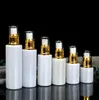 30ml 50ml 80ml White Glass Pump Bottle Essential Oil Perfume Bottles Atomizer Spray Bottle with Gold Cap Collar Clear Cover8249602