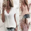 Women's Blouses Solid V Neck Lace Hem Short Sleeve Top With