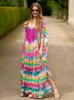 2024 Boho Printed Bikini Coinps Sexy Batwing Rleeve Maxi Dres Marokan Kaftans Robe Beachwear Cover Up Q1450 240417