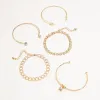 Strands Trendy Geometric Link Chain Bracelet Set For Women Rhinestones Gold Color Leaves Heart Pendant Open Cuff Bangle Girls Jewelry