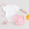 Clothing Sets Baby Girl First Birthday Outfit Short Sleeve Donut Print Romper Elastic Waist Mesh Hem Shorts Headband 3 Piece Set