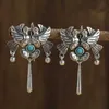 Dangle Chandelier Vintage Bird Flower Design Inlaid Green Stone Earrings for Women Retro Bohemian Silver Color Jewelry Tourism Souvenir H240423