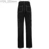 Женские джинсы Biyaby Harajuku Pocket Patch Patch Work Dabing Jeans Womens 2022 Осенние черные широкие джинсовые брюки женская улица Свободные товары штаны YQ240423