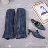 2024 Lady Women Koyun Derisi Deri Denim Bir Ayakkabı Bir Ayakkabı İki 6cm Med Topukları Küçük Kare Uzun Diz Önyükleme Patlandırılabilir Patez Ayakkabıları Martin Paty Düğün Boyutu 34-41