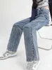 Frauen Jeans Mode Frauen Straight Blue High Taille Taschen Wide Lge Denim Hosen koreanische Stil Lady Girl weibliche Allzuehsthose