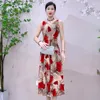 Casual Dresses V-Neck High Waist Print 2024 Summer Dress Women Holiday Korean Women's Elastic Milk Silk Floral Long