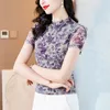 Women's T Shirts 2024 Summer Women Clothes Fashion Mesh Topps Casual Floral Printed Shirt Slim Short Sleeve