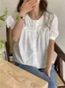 Women's Blouses Summer Shirts Tops Women Sweet Embroidery Patchwork Fashion Short Sleeve Ladies Korean Loose Pleated Woman