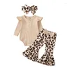 Kläder sätter spädbarn baby flickor höst jumpsuit fast färg ribbad hylsa rund hals romper leopard ko flare byxor