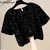 Kvinnors T-skjortor Kvinnor Fashion Heavy Colorful Sequins Tshirts Crop Tops 2024 Ropa Mujer O-Neck Kort ärm Korean Summer Y2K T-shirt