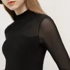 Women's Dress Spring New Sexy Mesh Splicing Half High Collar Bottom Shirt Perspective Fashion