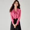 Blouses voor dames Franse stijl Rose Red Ruffe Collar Shirt met lint lente 2024 Elegante forens Chiffon Chiffon lange mouw top camisa feminina