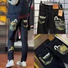 Zomer nieuwe maat Jacquard geborduurde jeans American High Street rechte been met mesh rode damo print casual broek 273258