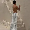 Casual jurken vrouwen feest glanzende zilveren zeemeermin lange jurk backless geplooide bandageband sexy dame low-cut prom cocktail beroemdheid