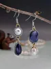 Dangle Chandelier Retro Ethnic Style Blue Purple Stone Asymmetry Earrings for Women Exaggerated Art Two Tone Imitation Pearls Drop H240423