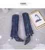 2024 Lady Women Koyun Derisi Deri Denim Bir Ayakkabı Bir Ayakkabı İki 6cm Med Topukları Küçük Kare Uzun Diz Önyükleme Patlandırılabilir Patez Ayakkabıları Martin Paty Düğün Boyutu 34-41