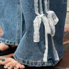 Jeans femininos retro retro retalhos de renda de arco de arco para mulheres alta perna larga perna larga solto casual calça jeans de zíper feminino com zíper
