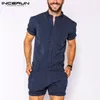 Incerun randiga män rompers andningsbar stativ krage kort ärm joggar playsuits streetwear mode män jumpsuits shorts s-5xl 240420