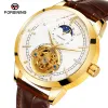 Klockor ForSining Retro Design Moon Phase Tourbillon Skeleton Automatiskt mekaniskt armbandsur Läderband Male Clock klänning