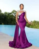 Elegant Peach Purple Black Mermaid Evening Dresses High Neck Sheer Appliques Beads Illusion Long Sleeve Pleats Ruffles Formal Occasion Prom Gowns