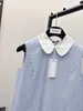 Damesjurk katoen lichtblauw laple nek mouwloze streep geprinte shirt mini -jurk