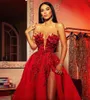 2024 Split Evening Dresses With Train Red Beads A Line Appliqued Prom Gowns Lace Luxury Party Dress robes de soiree