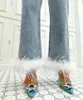 Damesjeans Hoogwaardige vrouwen Witte Tassel Ostrich Feather High Taille Blue Streetwear Straight Breide Leg denim jean broek voor