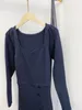 New sandro Square necked lantern sleeve button split mid length knitted solid color dress