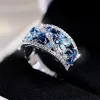 Band Royal Blue Crystal Water Drop Stone Ring Simulated Aquamarine Engagement Rings for Women Vintage Silver Color Wedding Party Band