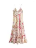 Casual klänningar kvinnor sommar elegant blomma lapptäcke tryck lång sling klänning kvinnlig spaghetti rem rak röd tunn