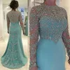 Rhinestones Beaded Appliques Mother of the Bride Dresses Mint Green Mermaid Wedding Dress Sparkly Long Sleeve Formal Party Gowns292q