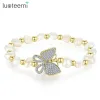 Brins Luoteemi Gold Color Butterfly and Pearls Bracelet For Women Party Luxury Pink Clear Cz Insect Fashion Jewelry Christmas Gift