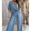 2024 Lange broeksets Zomer Tweedelige set voor dames v nek vleermuis mouw Casual losse wideleg broek 2 solide kleur outfits 240419