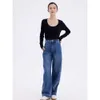 denim blue cotton four sided elastic high waisted loose wide leg jeans