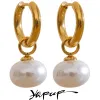 Orecchini YHPUP IMITAZIONE DI ALTA QUALITÀ Pearle Drop Acciaio inossidabile Orecchini a cerchio coreano Golden Charms Fashion Jewelry Bijoux Femme Gift