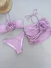 Mutada de banho feminina Três peças de malha de malha de crochê sexy sets de maiô para mulheres flores 3D Feminino feminino de banho de banho de praia 2#