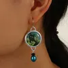 Dangle Chandelier Vintage Round Black Cat Earrings for Women Ethnic Antique Silver Color Painting Green Leaves Blauwe Parel Dangle Earrings d240323