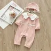 One-Pieces 2022 New Spring Baby Girls Romper Lace Peter Pan Collar Long Sleeves Soft Jumpsuit with Cute Cap Infant Cotton Outfits E1041