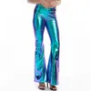 Sexy PU skórzane spodnie metaliczne Błyszczące holograficzne flare kobiety dziewczęta bodycon elastyczne talia Bell dolne spodnie klubowe 240423