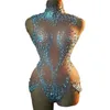 Stage Wear Sexy Sparkly Rhinestones Turepard Dames Mesh Zie door dansvoorstelling Kostuumzanger Danser Bodysuit Club