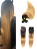 T1B 27 Dark Root Honey Blonde Straight Ombre Human Hair Weave 3 Bunds med 4x4 spetsstängning billig färgat brasilianskt jungfruhår 8866703