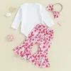 Kläder sätter fokusnorm 3st Baby Girls Valentine's Day kläder 0-18m Letterflower Print långärmad Romper Flare Pants Bow pannband