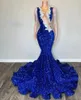 Royal Blue Squin Prom Dresses 2024 Tassel Appliques Mermaid Evening Party 가운 Sheer Neck African Women Gala Dress