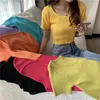 T-shirts pour femmes OUMEA RIB TIFTS TOPS SUMME COUPE SUMPRIQUE BASIC CROCT TOP TOP SQUE COUC SOLID COLOD COLODIE COLAGE SIMPLE CORÉAN TSHIRT