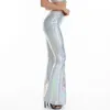 Sexy PU skórzane spodnie metaliczne Błyszczące holograficzne flare kobiety dziewczęta bodycon elastyczne talia Bell dolne spodnie klubowe 240423
