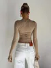 Grundläggande Crewneck Casual Crop Tops för kvinnor Y2K Solid Skinny Long Sleeve Slim Fits Stretchy Croped Tees T-Shirts With Thumb Holes 240418